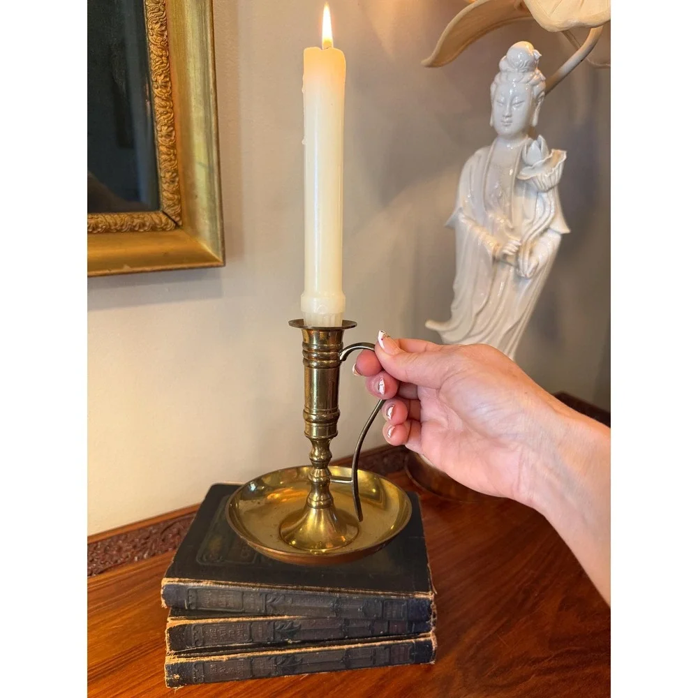 Vintage Brass Chamberstick Candle Holder with Handle, Waccamaw‎ Brass Works